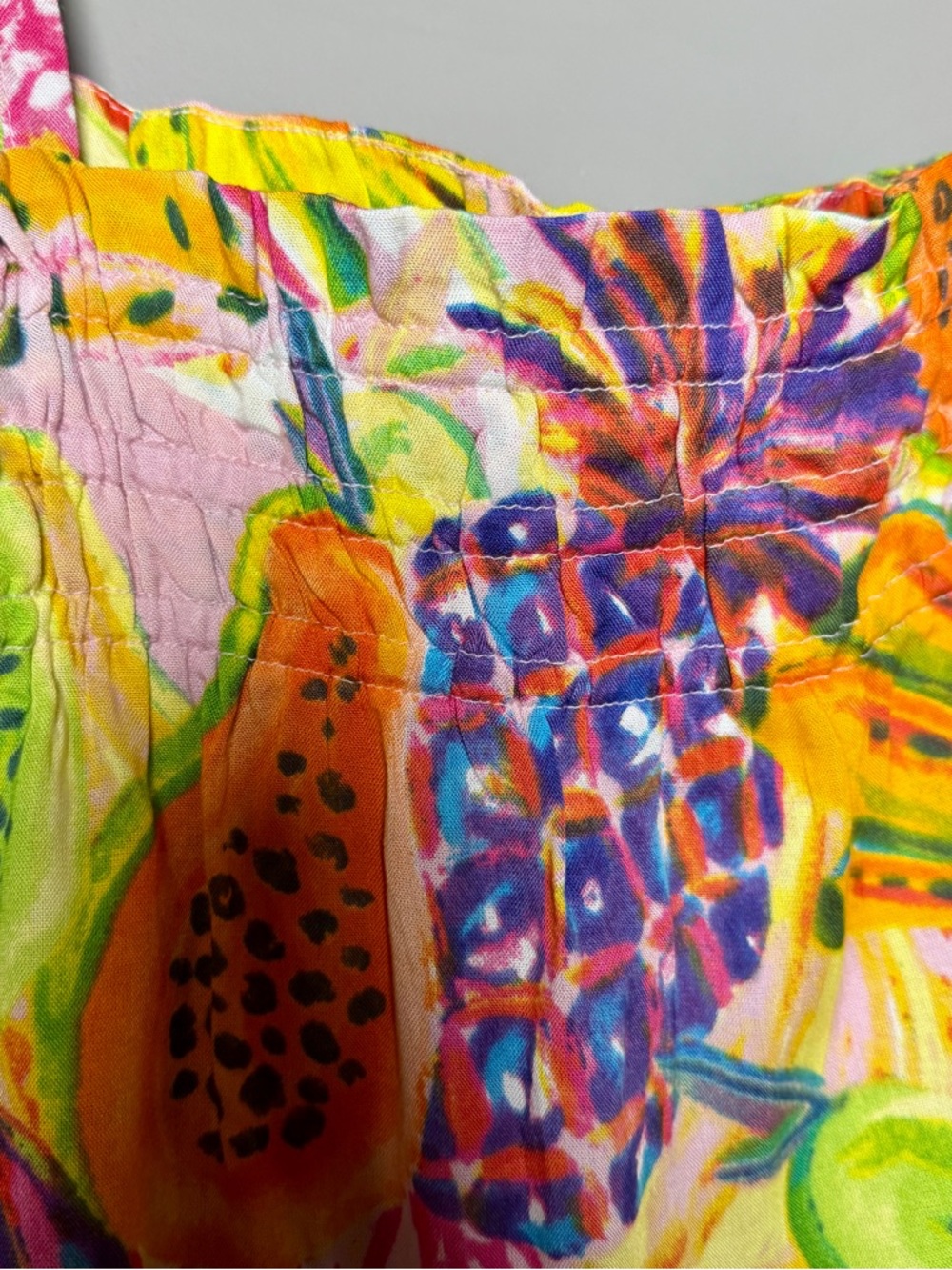 True Destinations Tropical Fruit Print Mini Dress M Rayon Smocked Sundress - Picture 4 of 6